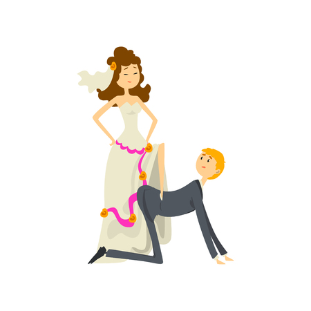 Couple of newlyweds, henpecked man, groom dominated by bride cartoon vector Illustration on a white background.のイラスト素材