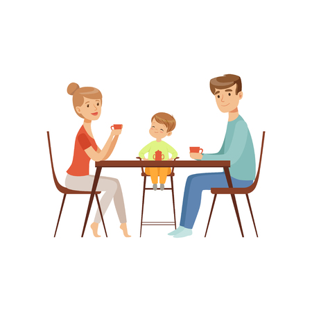 Mom, dad and their son sitting at the table and drinking tea, happy family and parenting concept vector Illustration on a white backgroundのイラスト素材