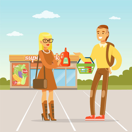 Young couple standing in front of supermarket with purchases, people shopping concept vector Illustrationのイラスト素材