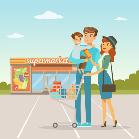 Parents and their little son standing in front of supermarket building with shopping cart, people shopping concept vector Illustrationのイラスト素材
