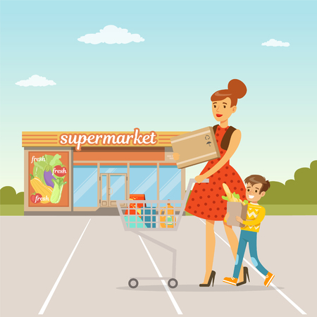 Young woman and her little son standing in front of supermarket building with shopping cart, people shopping concept vector Illustrationのイラスト素材