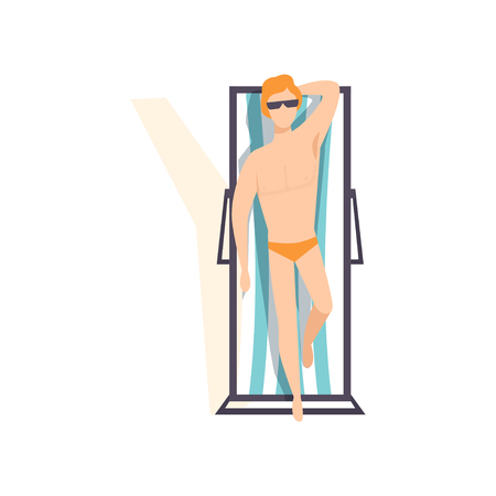 Young man sunbathing on the beach, top view of lying guy vector Illustration on a white backgroundのイラスト素材