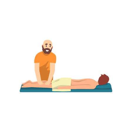 Male therapist doing leg massage to young man, rehabilitation care and physiotherapy treatments vector Illustration on a white backgroundのイラスト素材