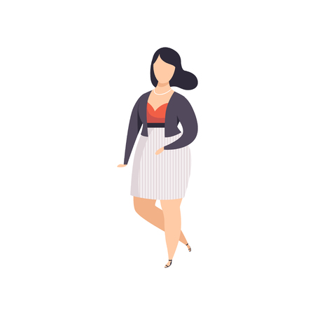 Brunette curvy, overweight girl in fashionable clothes, beautiful plus size fashion woman, body positive vector Illustration on a white backgroundのイラスト素材