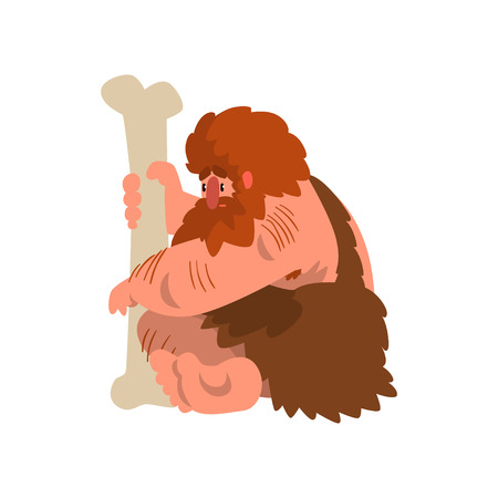Muscular primitive caveman sitting with huge bone, stone age prehistoric man character cartoon vector Illustration on a white backgroundのイラスト素材