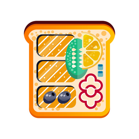 Toasted sandwich with salmon fish, olives, pepper, cucumber, and lemon vector Illustration on a white backgroundのイラスト素材