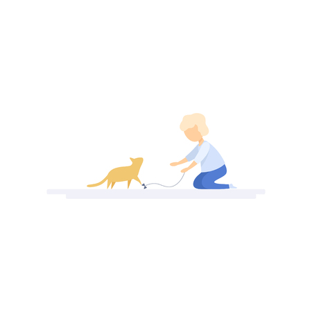 Girl playing with her pet cat, family lifestyle concept vector Illustration on a white backgroundのイラスト素材