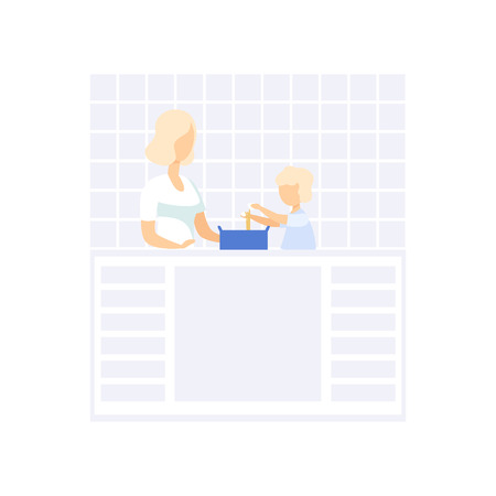 Young mom cooking in the kitchen, her little son helping her, family lifestyle concept vector Illustration on a white backgroundのイラスト素材