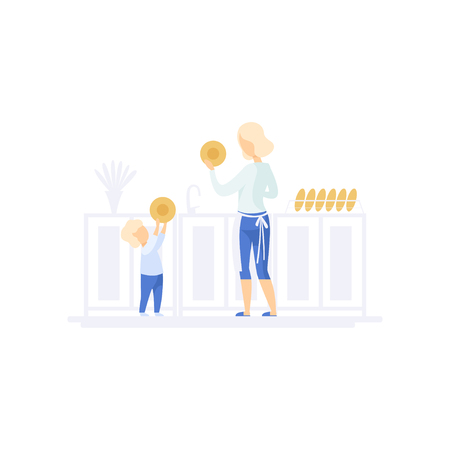 Young mom and her little son washing dishes in the kitchen, family lifestyle concept vector Illustration on a white backgroundのイラスト素材