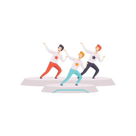 Three young man singing with microphone in TV studio vector Illustration on a white backgroundのイラスト素材