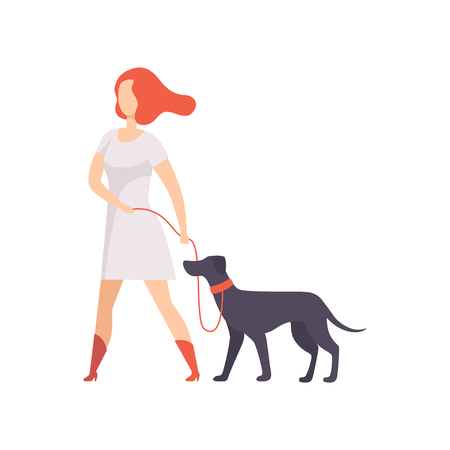 Young woman keeping her purebred dog on the leash at show exhibition vector Illustration on a white backgroundのイラスト素材