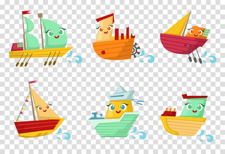 Set of colorful wooden ships with cute faces. Small sailing boats. Marine theme. Flat vector for children room decor or mobile gameのイラスト素材