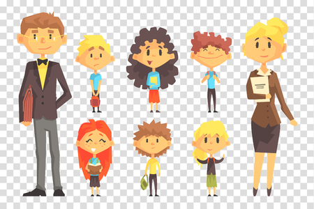 Funny disciples of elementary school and their teachers. Boys and girls with books and backpacks. Flat vector setのイラスト素材