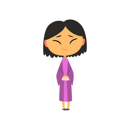 Japanese girl in national clothes, kid cartoon character in traditional costume vector Illustration on a white backgroundのイラスト素材