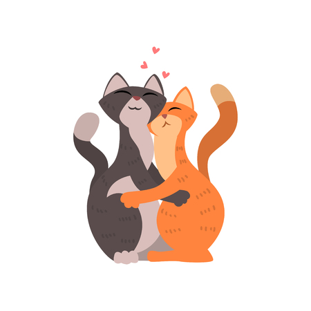 Couple of cats cute in love embracing each other, two happy  aniimals hugging with hearts over their head vector Illustration on a white backgroundのイラスト素材