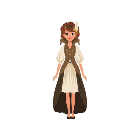 Beautiful woman in steampunk costume. Young girl in chemise dress with sleeves, long vest and headband with feather and gears. Flat vectorのイラスト素材