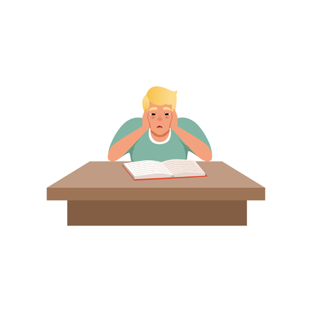 Tired young man sitting at the desk and reading a book, student studying hard before the exam vector Illustration isolated on a white background.