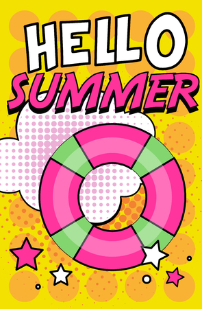 Hello Summer banner, bright retro pop art style poster with lifebuoy vector Illustration, web designのイラスト素材