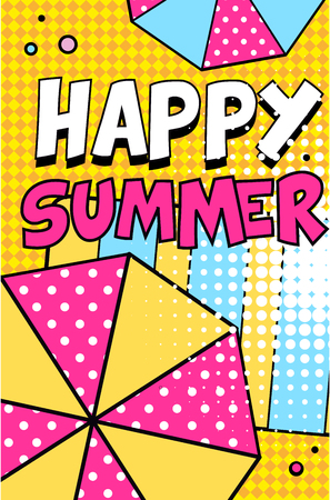 Happy summer banner, bright retro pop art style poster vector Illustrationのイラスト素材