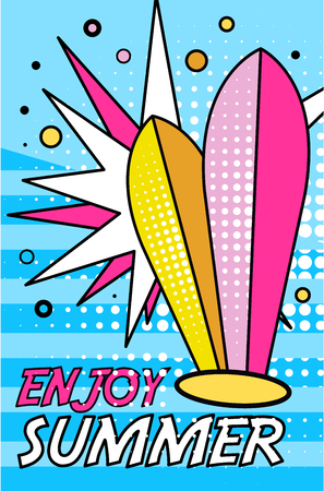 Hello Summer banner, bright retro pop art style poster with surfboards vector Illustrationのイラスト素材