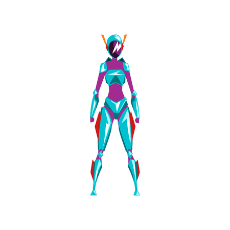 Blue female robot space suit, superhero, cyborg costume, front view vector Illustration on a white backgroundのイラスト素材