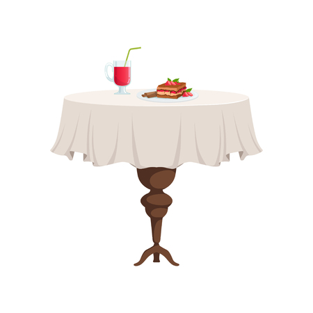 Round restaurant table with white tablecloth setting with glass of juice and piece of cake on a plate vector Illustration on a white backgroundのイラスト素材