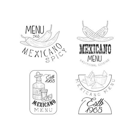 Vector set of 4 hand drawn   for Mexican restaurant. Monochrome emblems with chili peppers, nachos and tequila bottleのイラスト素材