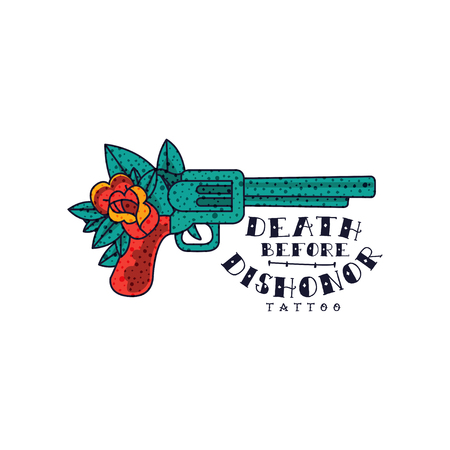 Retro revolver, rose flower and words Death before dishonor, classic American old school tattoo vector Illustration on a white backgroundのイラスト素材