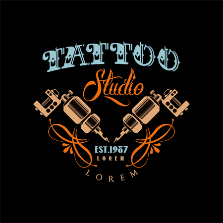 Tattoo studio   estd 1987, retro styled emblem with with professional equipment vector Illustrationのイラスト素材