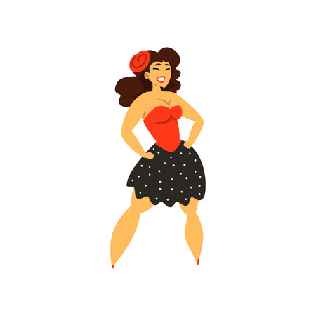 Beautiful curvy, overweight brunette girl in dress, plus size woman pinup model vector Illustrationのイラスト素材