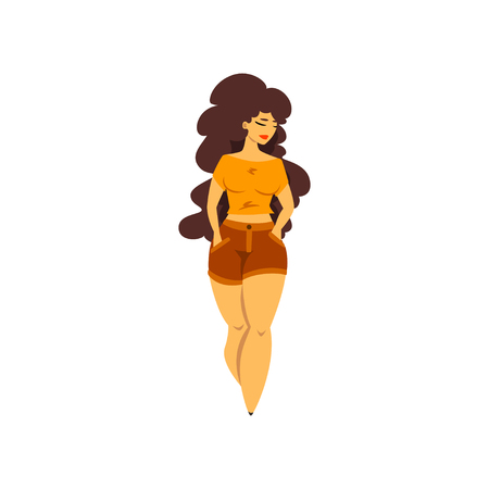 Beautiful curvy, overweight brunette girl with long hair, plus size woman pinup model vector Illustrationのイラスト素材