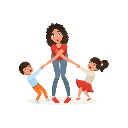 Tired mother with her capricious children, parenting stress, relationship between children and parents concept vector Illustration isolated on a white background.のイラスト素材