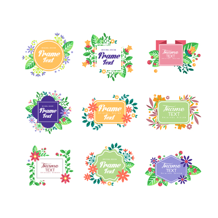 Set of 9 colorful floral frames with place for your text. Graphic design with blooming flowers and leaves. Elements for wedding invitation or romantic postcard. Isolated flat vector illustrations.のイラスト素材