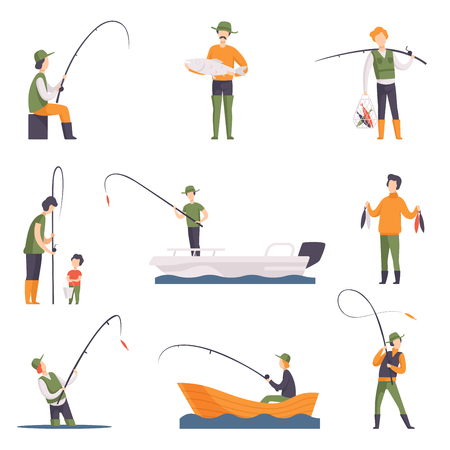 Collection of fishing people with fish and equipment. Fishermen in boats with fishing rods. Outdoor activity. Cartoon style icons. Colorful flat vector illustration isolated on white background.のイラスト素材