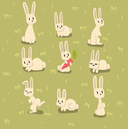 Set of small bunny in different poses on green grass. Funny animal with long ears. Adorable cartoon character. Graphic elements for children book, greeting card or print. Flat vector illustrations.のイラスト素材