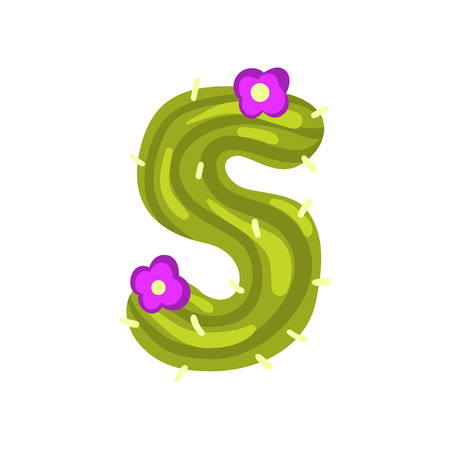 S letter in the form of cactus with blooming flowers, green eco English letter vector Illustration isolated on a white background.のイラスト素材