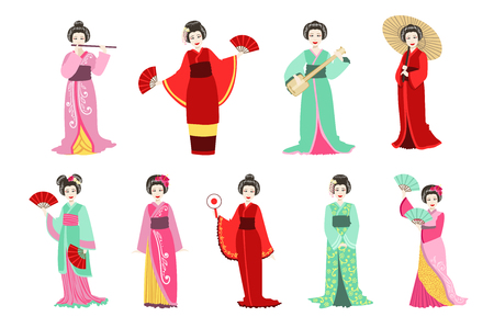 Japanese Geisha In Different Kimono Performing Set Of Flat Simple Realistic Characters On White Background With Traditional Culture Symbolsのイラスト素材