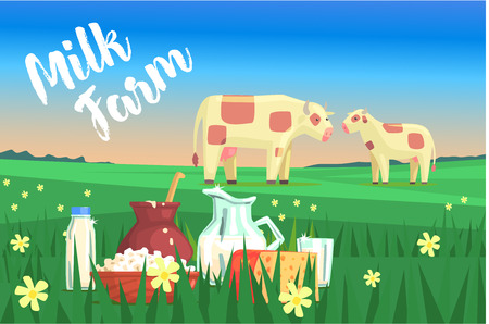 Landscape With Two Cows And Milk Products On The Foreground. Bright Color Funky Flat Illustration In Childish Style.のイラスト素材