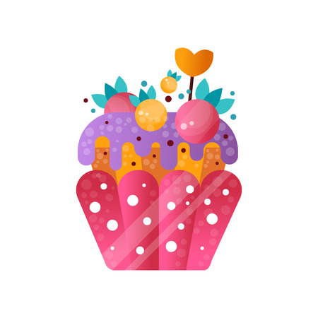 Pink creamy cupcake, sweet pastry decorated with berries, dessert for birthday party vector Illustration isolated on a white background.のイラスト素材