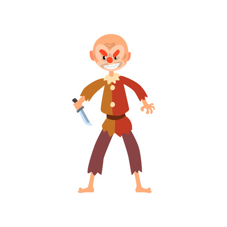 Angry clown cartoon character, halloween clown with evil eyes holding knife vector Illustration isolated on a white background.のイラスト素材