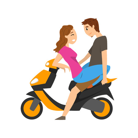 Young couple in love sitting on motorbike vector Illustration isolated on a white background.のイラスト素材