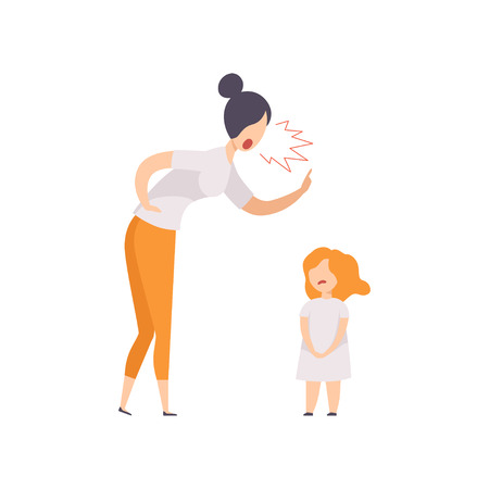 Mom scolding at her daughter, young woman yelling at child vector Illustration isolated on a white background.