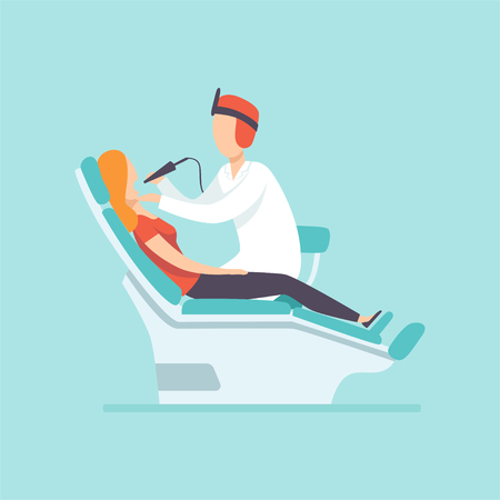 Male dentist examining female patient at dental clinic , medical treatment and healthcare concept vector Illustration in cartoon styleのイラスト素材