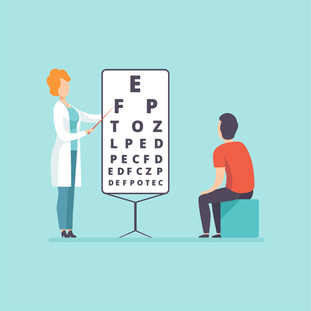 Ophthalmologist doctor doing eyesight test to male patient, medical treatment and healthcare concept vector Illustration in cartoon styleのイラスト素材