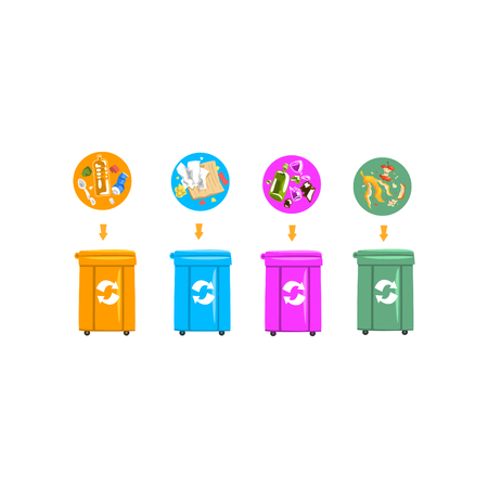 Trash garbage cans with sorted garbage, recycling garbage industry vector Illustration on a white backgroundのイラスト素材