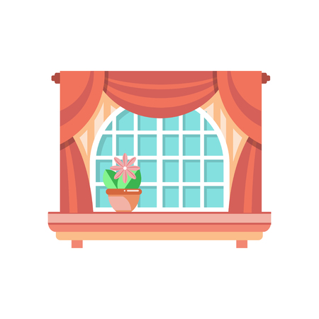 Retro wooden window frame with curtains, architectural design element vector Illustration on a white backgroundのイラスト素材