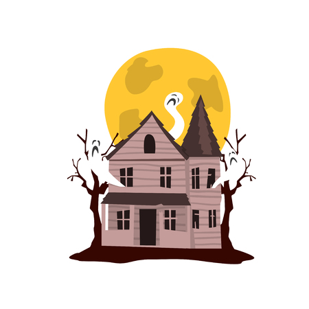 Spooky haunted castle and full moon vector Illustration on a white backgroundのイラスト素材