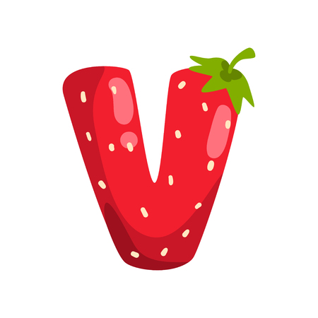 Letter V of English alphabet made from ripe fresh srawberry, bright red berry font vector Illustration isolated on a white background.のイラスト素材
