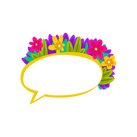 Colorful speech bubble with flowers, empty dialog cloud decorated with summer plants vector Illustration isolated on a white background.のイラスト素材