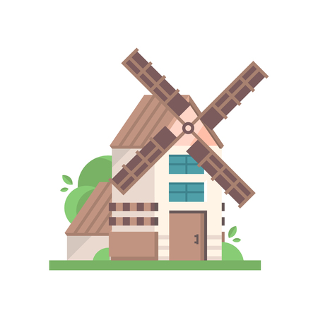 Modern rural windmill building, ecological agricultural manufacturing vector Illustrations isolated on a white background.のイラスト素材